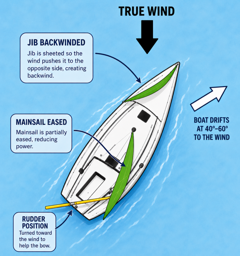 Top-down diagram showing how to heave to in a sailboat with a backwinded jib, eased mainsail, rudder turned toward the wind, and slow drift.