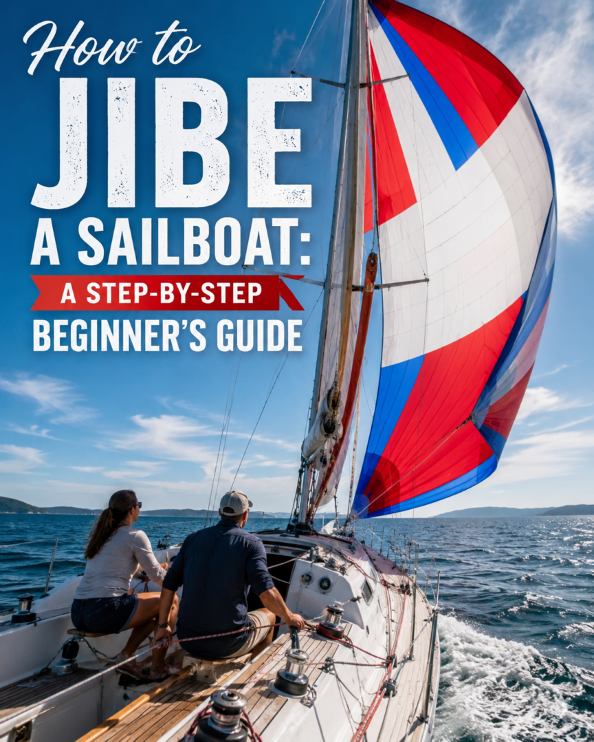 Sailboat sailing downwind with a full spinnaker and crew managing the sheets, illustrating how to jibe a sailboat.