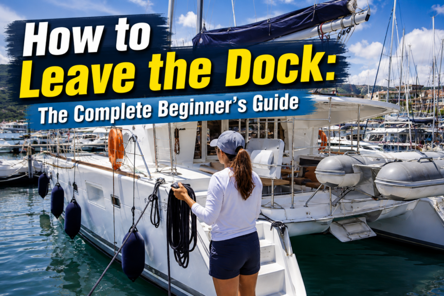 Skipper preparing a cruising catamaran to leave a busy marina by organizing dock lines and completing pre-departure checks before sailing.