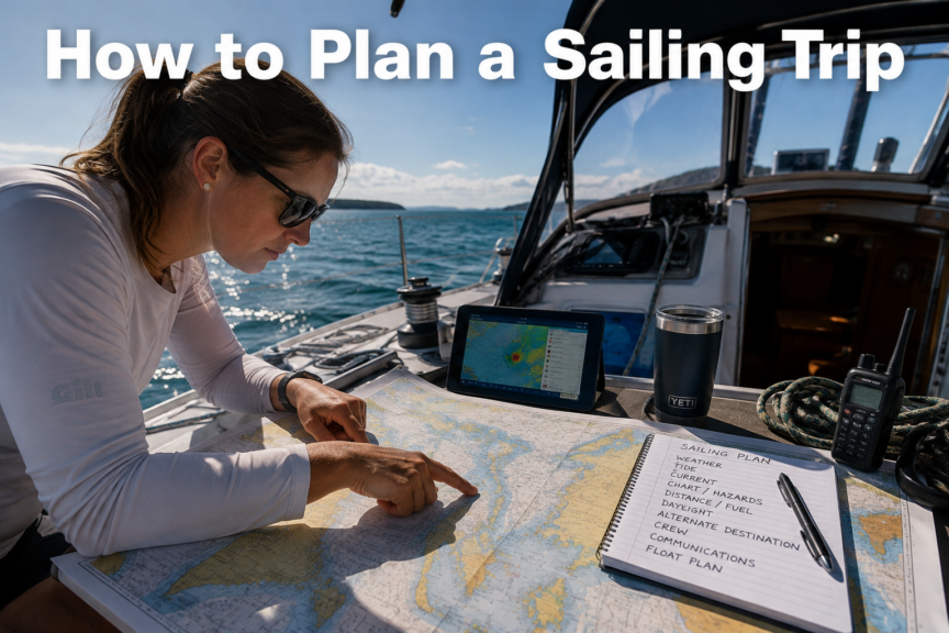 Sailor planning a sailing trip with a nautical chart, marine weather forecast, VHF radio and passage planning checklist aboard a sailboat.