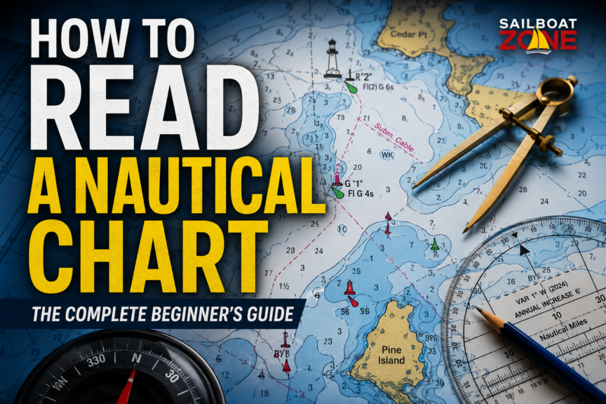 How to read a nautical chart for beginners, showing chart symbols, depth soundings, buoys, compass rose, dividers and navigation tools.
