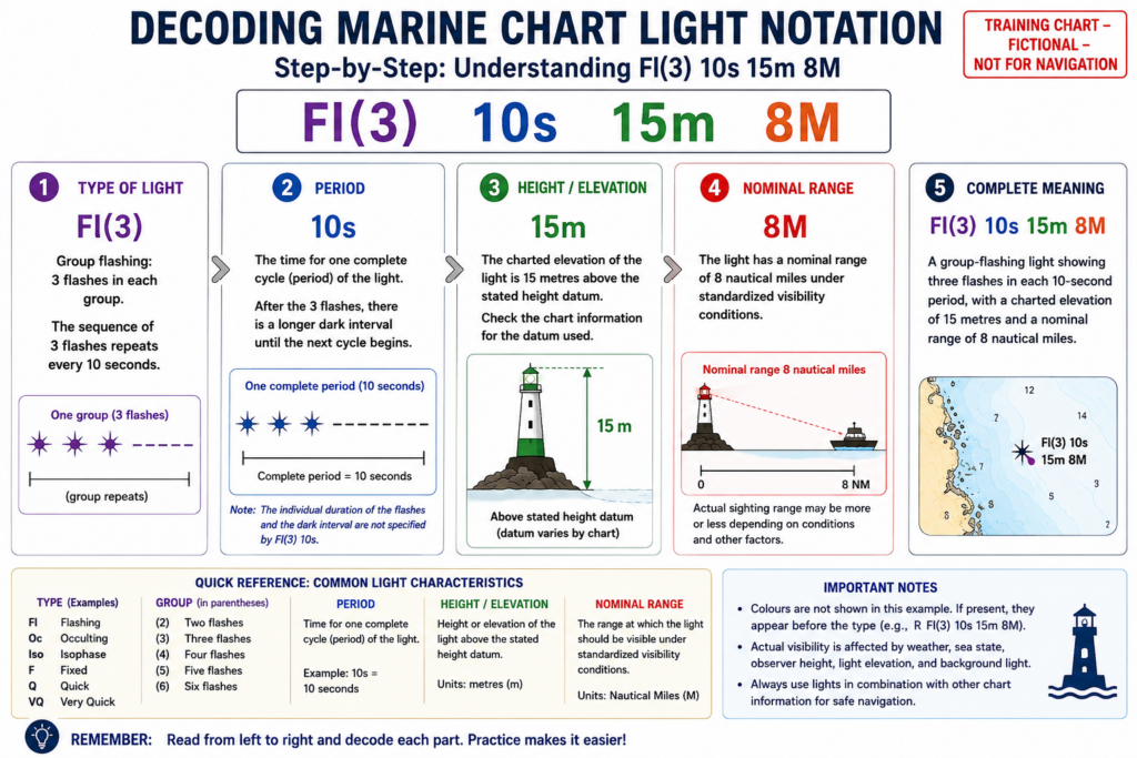 Beginner diagram explaining how to decode the nautical chart light notation Fl(3) 10s 15m 8M, including flash group, period, elevation and nominal range.