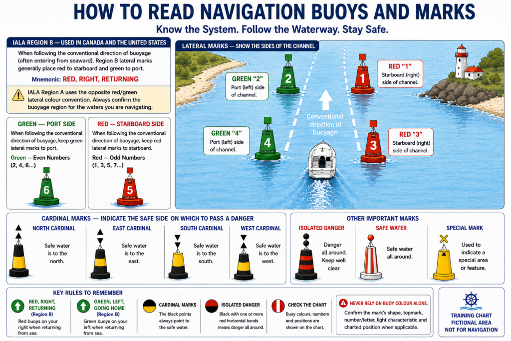Beginner guide to IALA Region B navigation buoys and marks showing red and green lateral marks, cardinal marks, isolated danger, safe water and special marks.