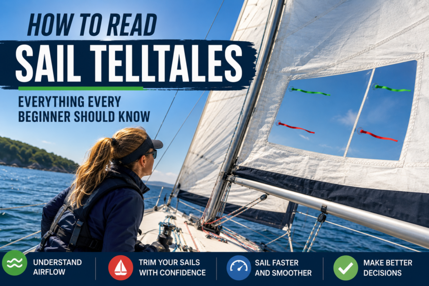 Feature image showing a sailor closely observing jib telltales through a clear sail window while sailing in fair weather, illustrating how telltales indicate proper sail trim and airflow.