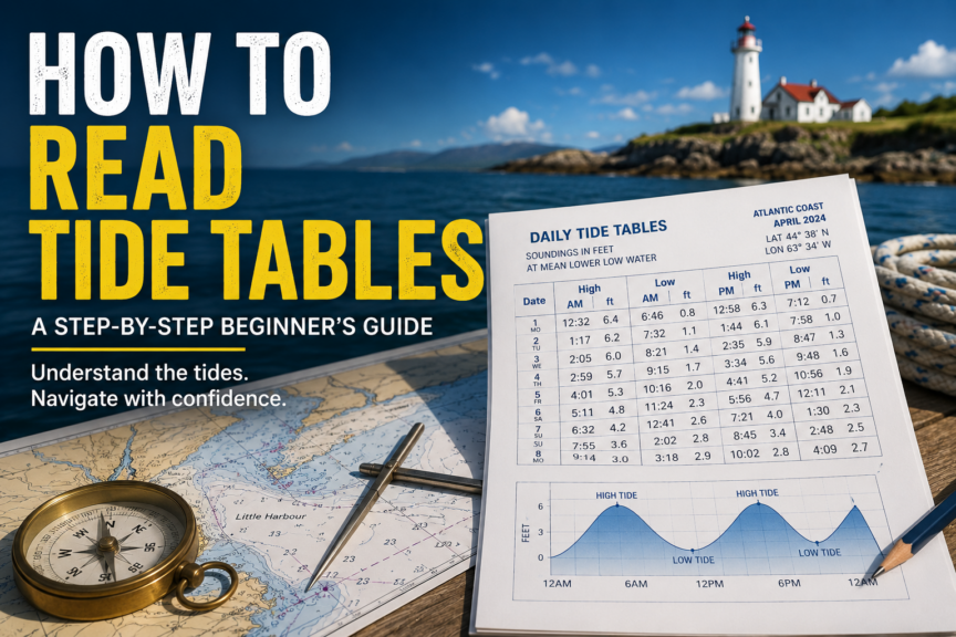 How to read tide tables beginner’s guide feature image showing a tide table, nautical chart, compass, dividers, coastal water and lighthouse.