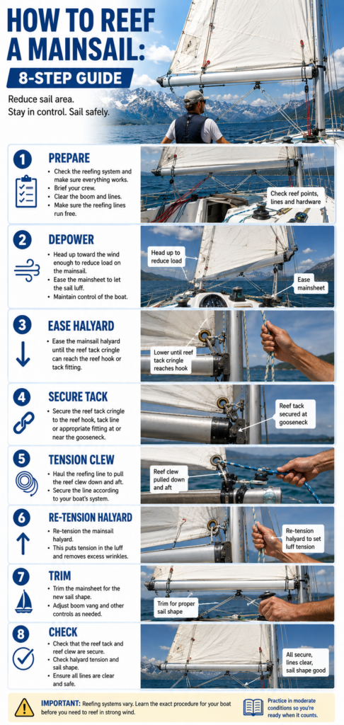 Eight-step infographic showing how to reef a mainsail safely on a sailboat