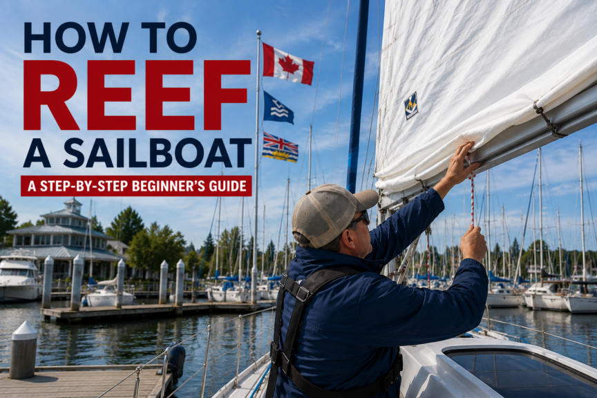 Sailor reefing the mainsail on a sailboat in a marina