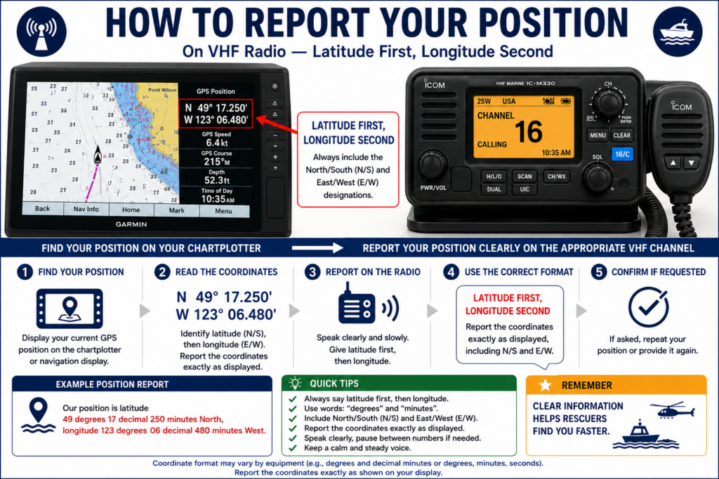 Infographic showing how to report GPS position by marine VHF radio using latitude first and longitude second.