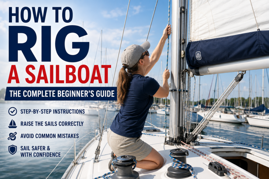 A beginner sailor hoists the mainsail on a sailboat at the dock while preparing the boat for departure, featured image for a guide on how to rig a sailboat.