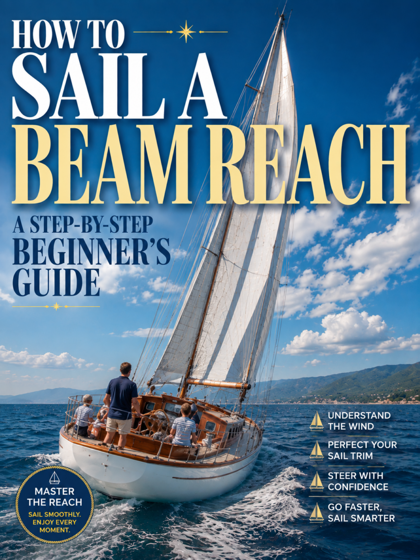 Family sailing a large sailboat on a beam reach with the mainsail and jib filled