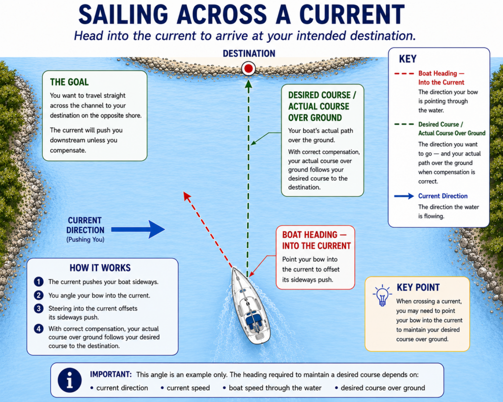 Top-down sailing diagram showing a boat heading into a sideways current to maintain a straight course over ground toward its destination.