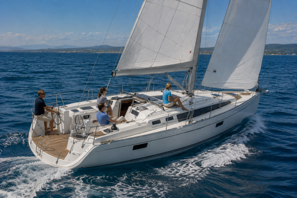 Cruising sailboat sailing downwind on a broad reach with the mainsail and jib eased