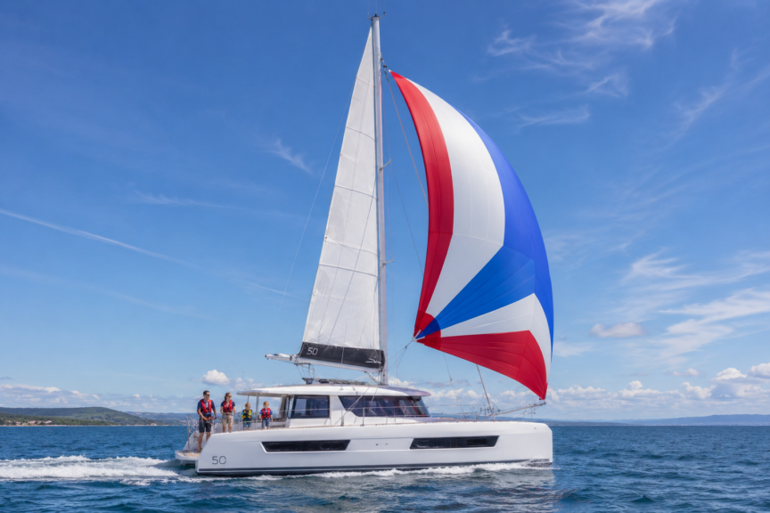 50-foot catamaran sailing downwind with a colorful spinnaker and a family wearing life jackets aboard