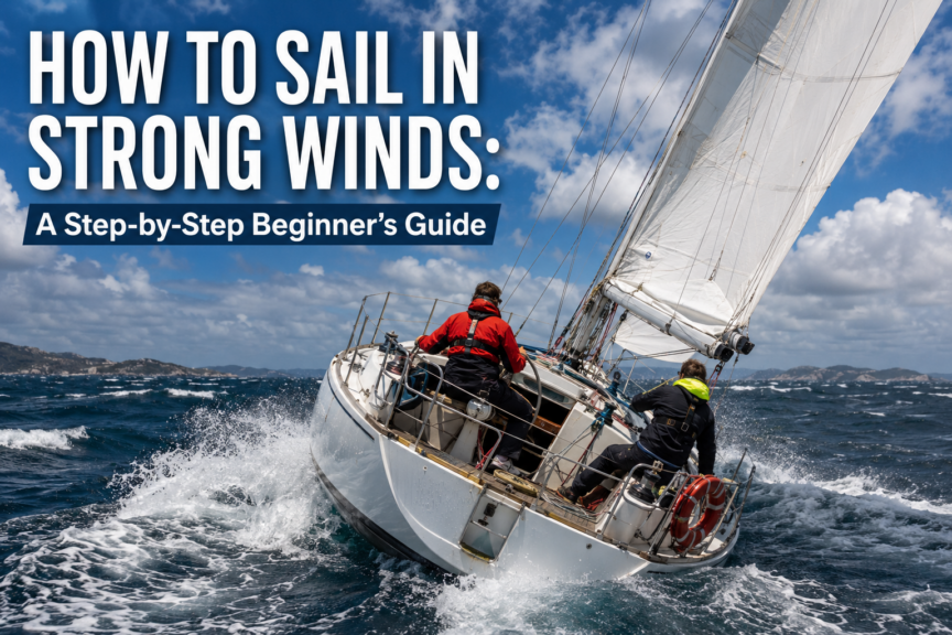 Sailboat with a reefed mainsail sailing through strong winds and rough water with two crew members aboard.