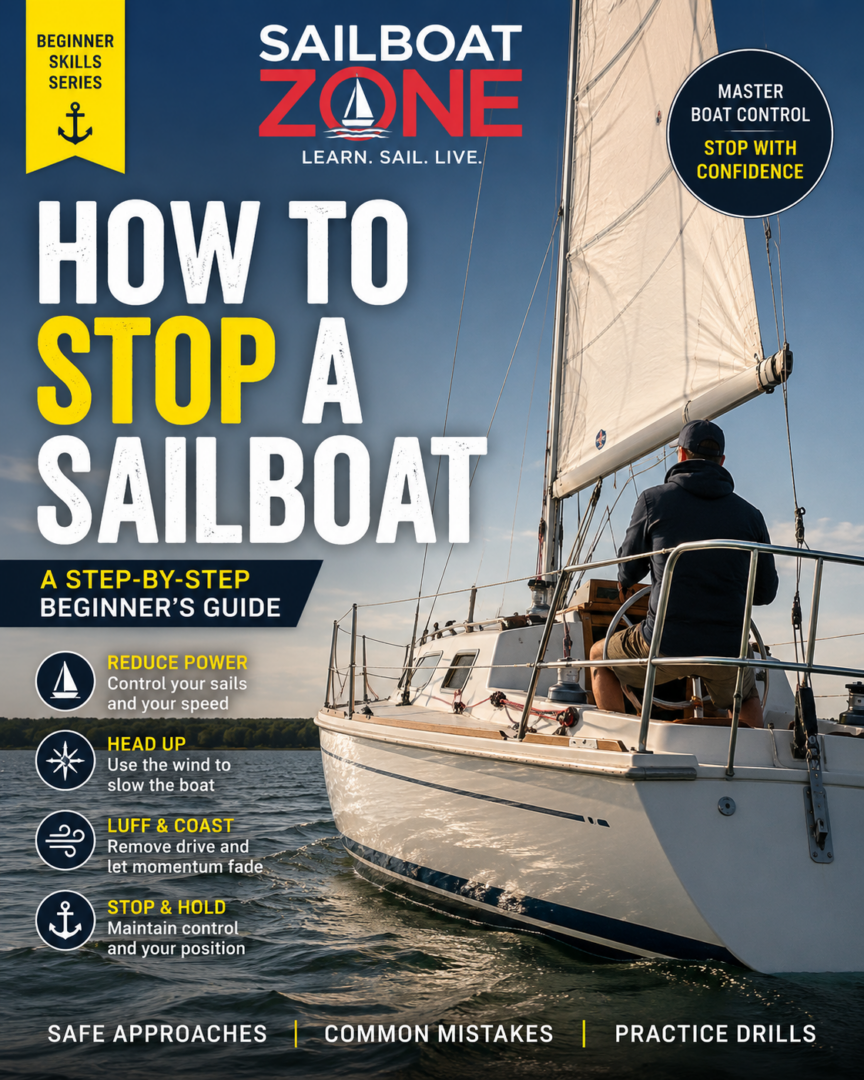 Sailboat slowing under sail as the skipper heads toward the wind to stop the boat