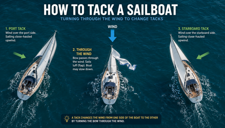 Overhead sequence showing a sailboat tacking from port tack through the wind to starboard tack