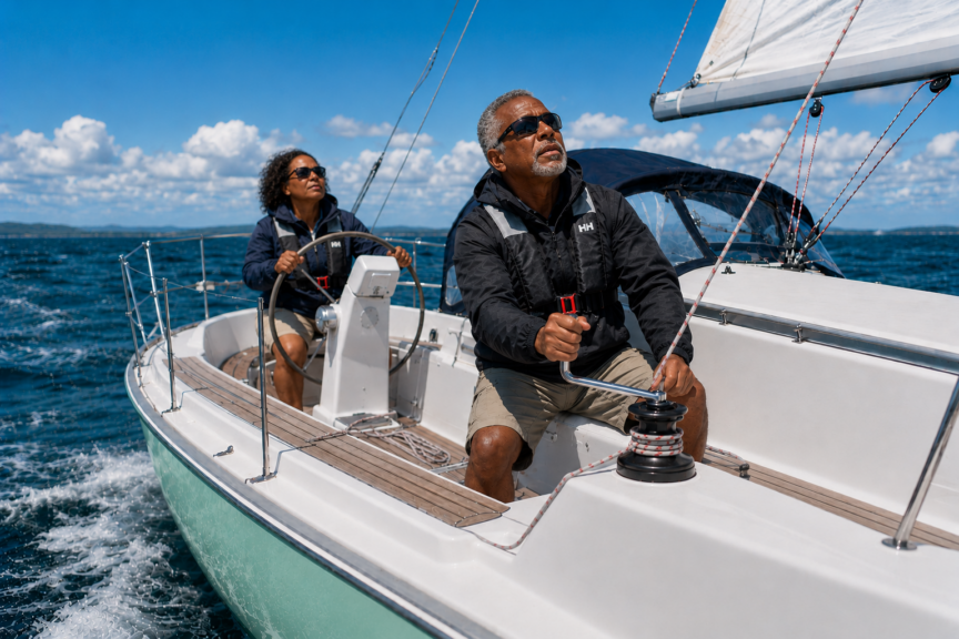 Middle-aged sailing couple trimming a sail with a winch while sailing in strong wind.