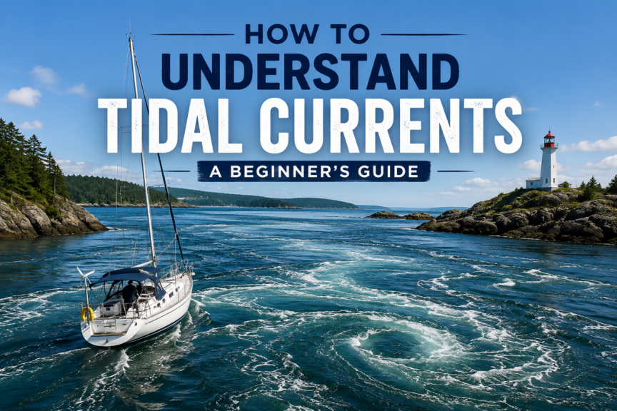 Sailboat navigating strong tidal currents through a rocky coastal channel with lighthouse, illustrating how to understand tidal currents.