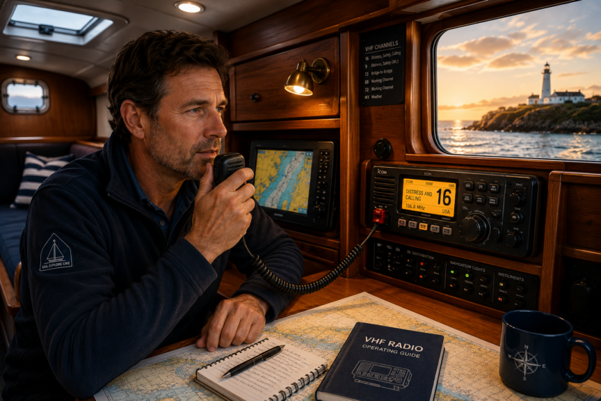 Sailor using a marine VHF radio on Channel 16 at the navigation station inside a cruising sailboat.