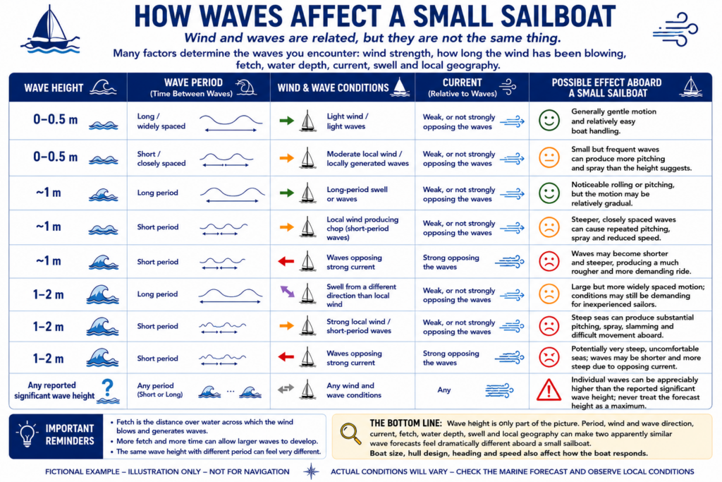Beginner sailing table showing how wave height, wave period, wind and current can affect conditions aboard a small sailboat.