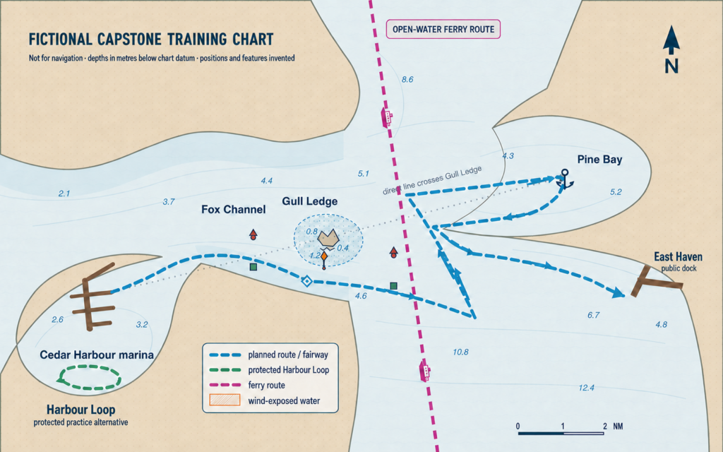 Fictional nautical training chart showing Cedar Harbour, Fox Channel, Gull Ledge, Pine Bay, East Haven, planned sailing routes and an open-water ferry crossing.