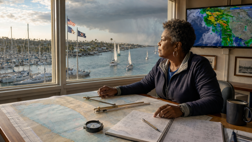 A recently trained and qualified skipper reviews a nautical chart and weather forecast while sailboats leave a Southern California marina.