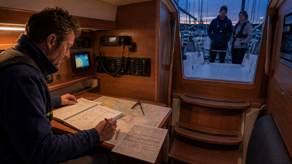 Beginner skipper reviews a nautical chart and passage plan below deck while two crew members wait in the cockpit before dawn.