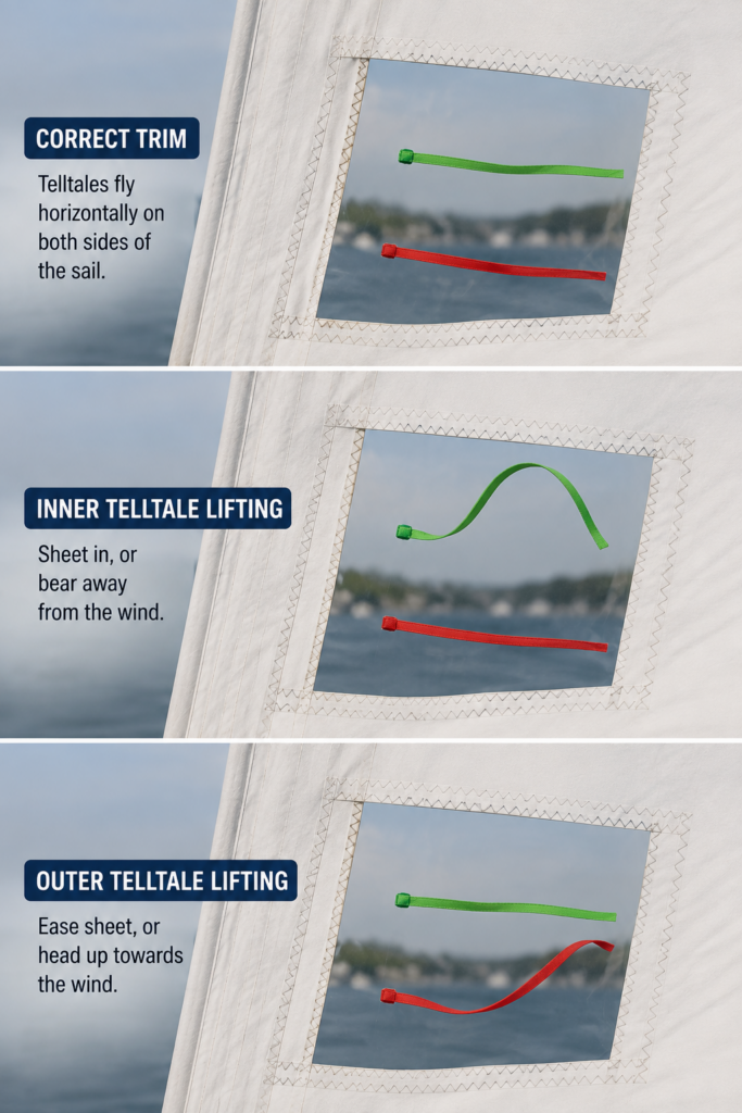 Jib telltales showing correct airflow and inner or outer telltale lifting