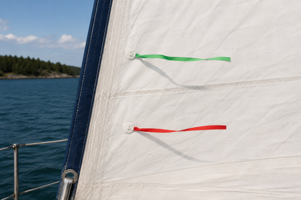 Close-up of green and red jib telltales streaming straight aft on a properly trimmed jib, showing attached airflow and efficient sail trim.
