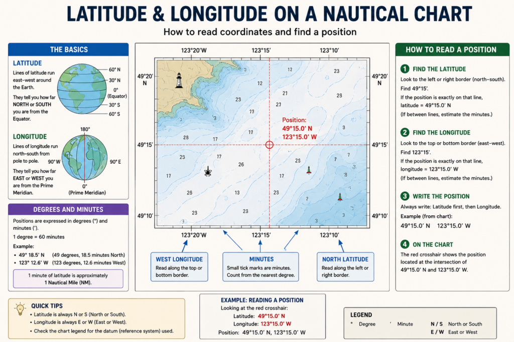 Beginner diagram showing how to read latitude and longitude, degrees and minutes from the borders of a nautical chart.