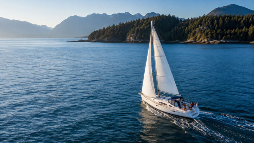 Sailboat cruising through calm coastal water beside forested islands and distant mountains.