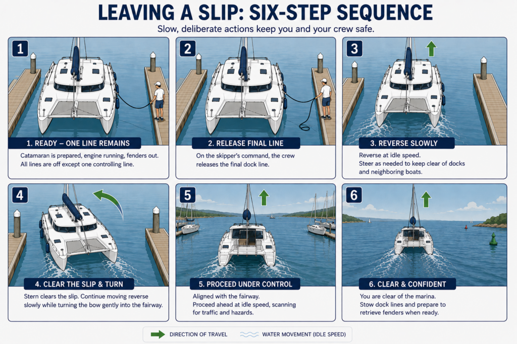 Six-panel vector infographic showing a catamaran leaving a marina slip step by step: one controlling dock line remains, final line released, reversing slowly at idle speed, stern clearing the slip while turning, aligned with the fairway, and safely clear of the marina.