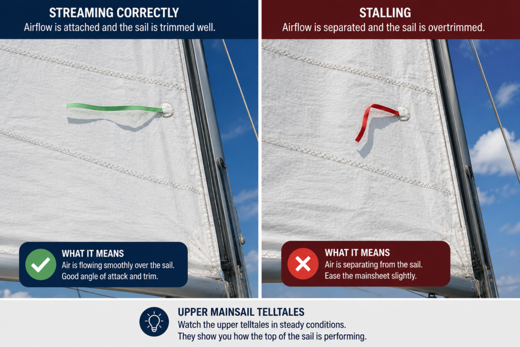 Two-panel educational comparison showing an upper mainsail telltale streaming straight aft on a properly trimmed mainsail beside a stalled telltale curling behind the sail due to separated airflow from an overtrimmed mainsail.
