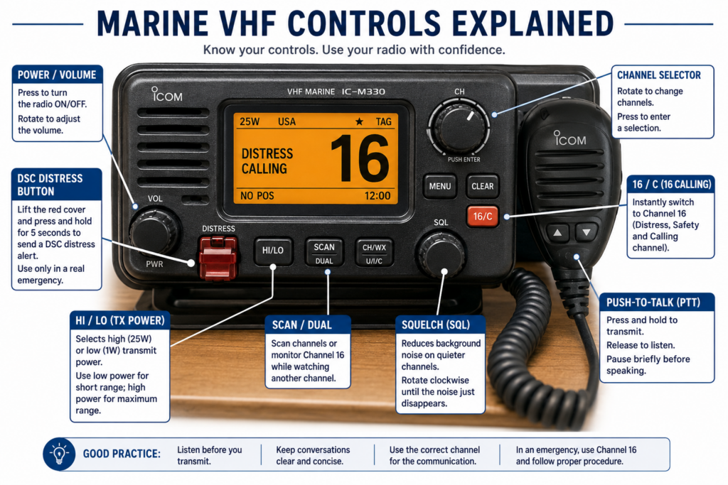 Marine VHF radio controls showing power, volume, squelch, Channel 16, HI/LO power, DSC distress button and push-to-talk microphone.