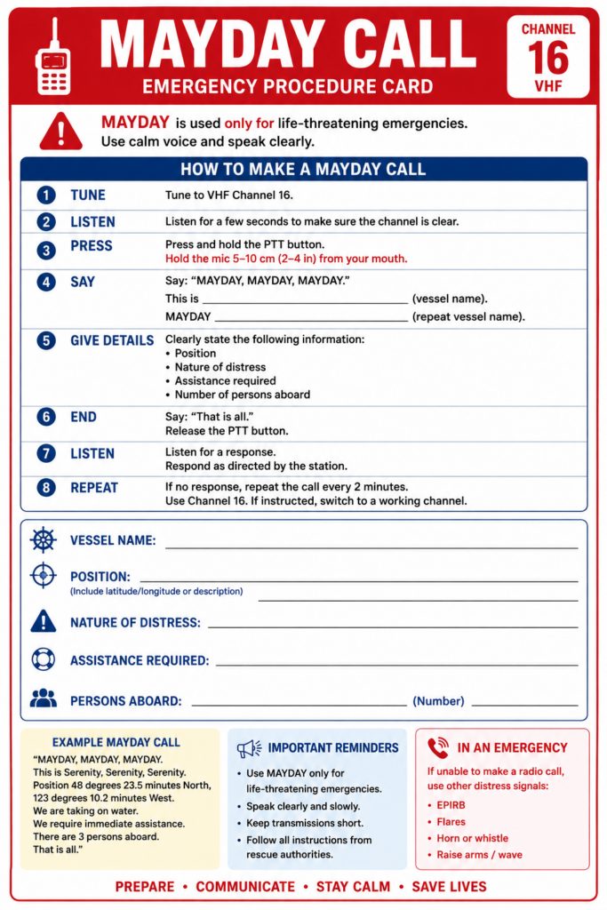 Printable marine VHF Mayday call procedure showing Channel 16, vessel name, position, nature of distress, assistance required and persons aboard.