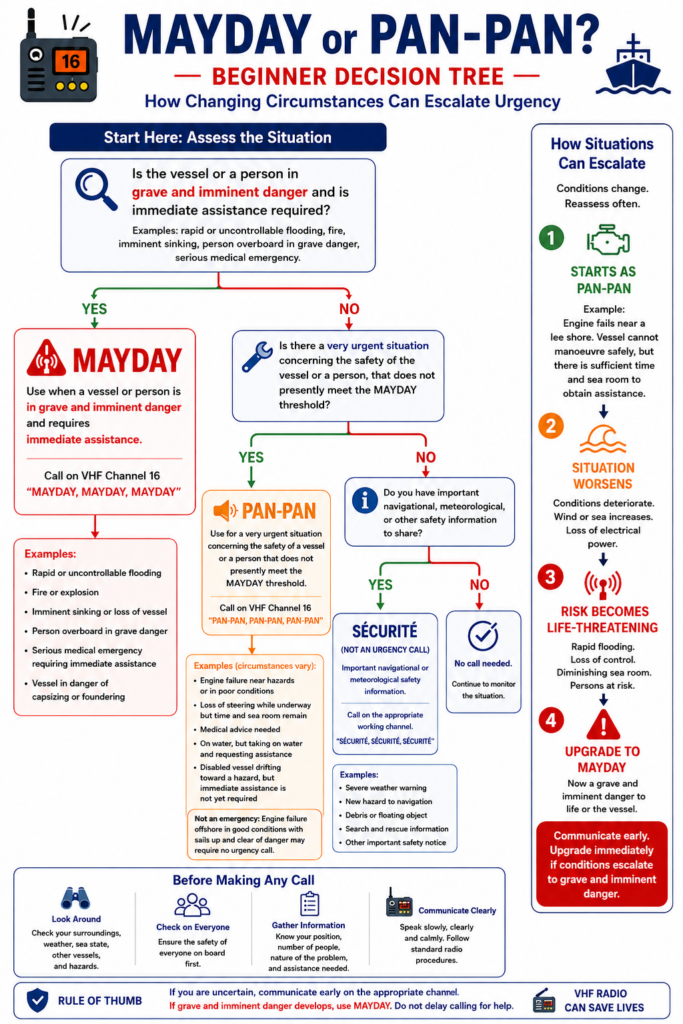 Marine VHF decision tree showing when beginners should use Mayday or Pan-Pan and when an urgent situation can escalate to distress.