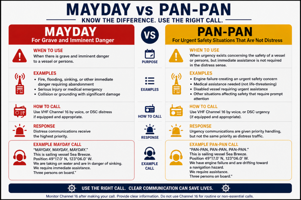 Mayday vs. Pan-Pan infographic explaining when sailors should use each marine VHF emergency call, with examples and sample calls.