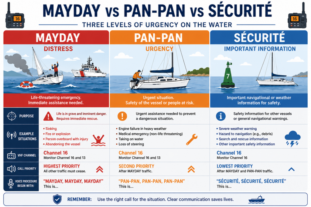 Mayday, Pan-Pan and Sécurité marine VHF radio calls compared by urgency, purpose and example situations.