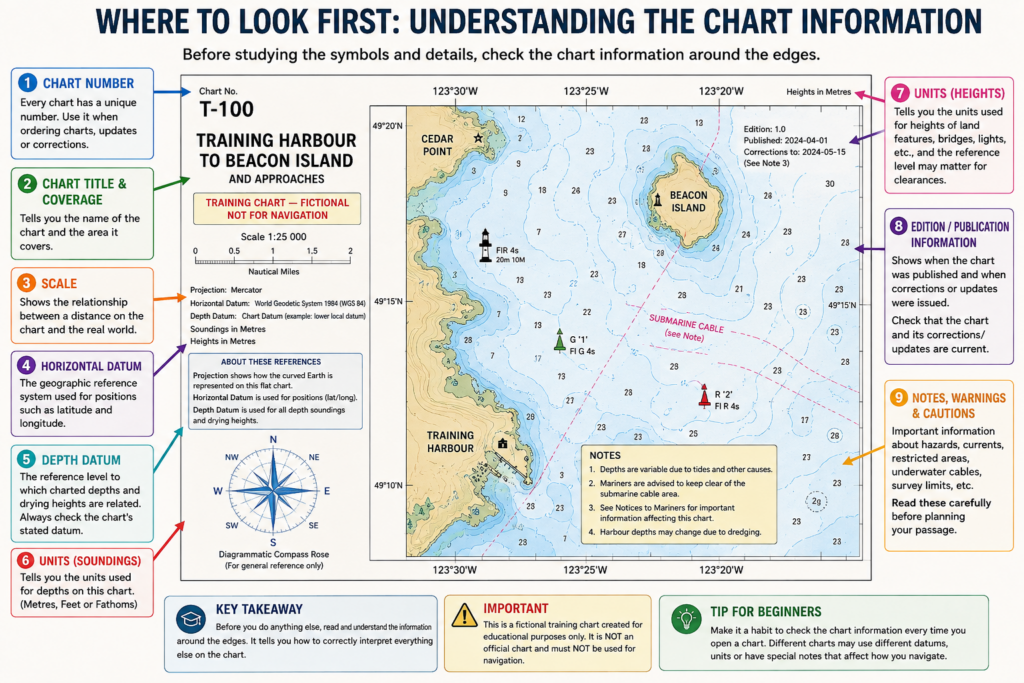 Beginner nautical chart diagram showing where to find chart number, scale, horizontal and depth datum, sounding units, height units, updates, notes and warnings.