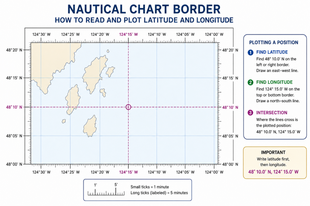 Nautical chart diagram showing how to plot latitude and longitude using the chart borders and coordinate intersection.