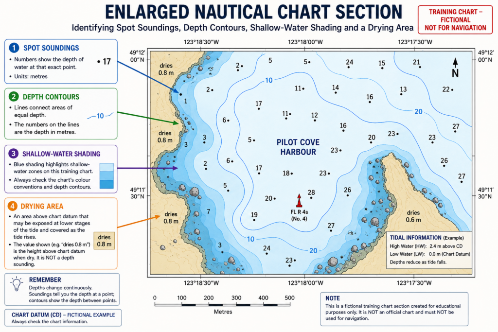 Beginner nautical chart diagram showing spot soundings, depth contours, shallow-water shading and drying areas above chart datum.