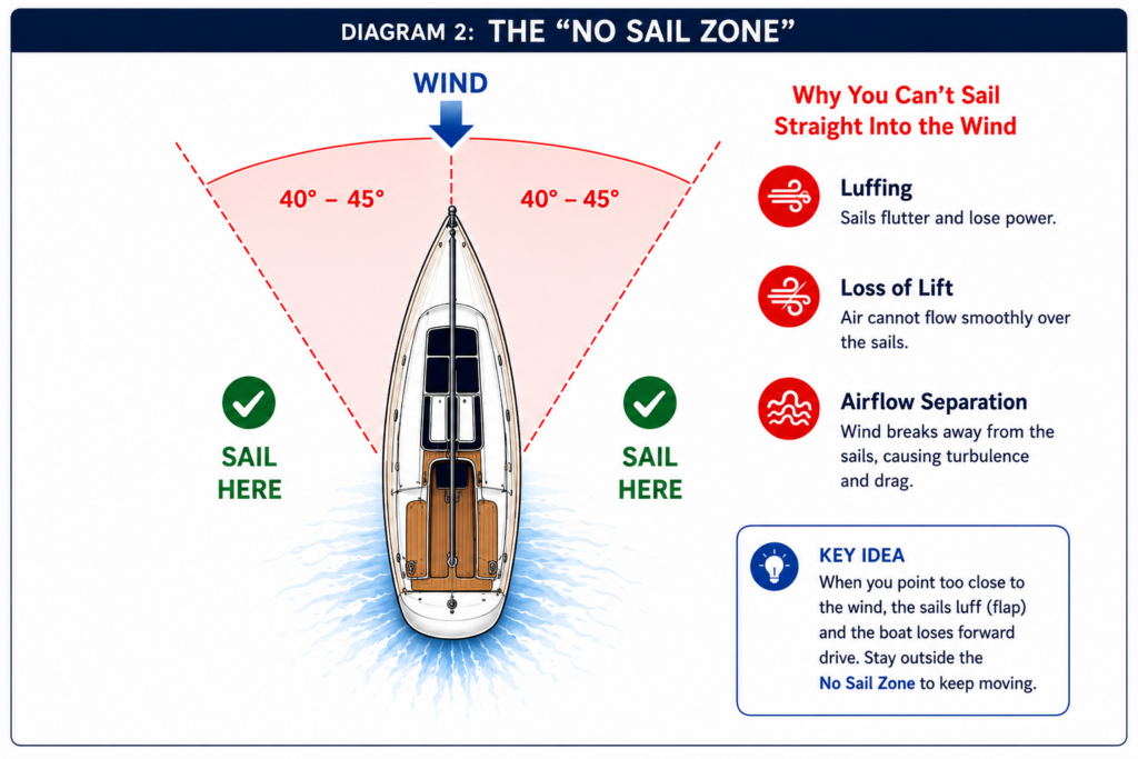 Diagram showing the 40–45 degree no-sail zone on either side of the wind and close-hauled sailing courses outside it