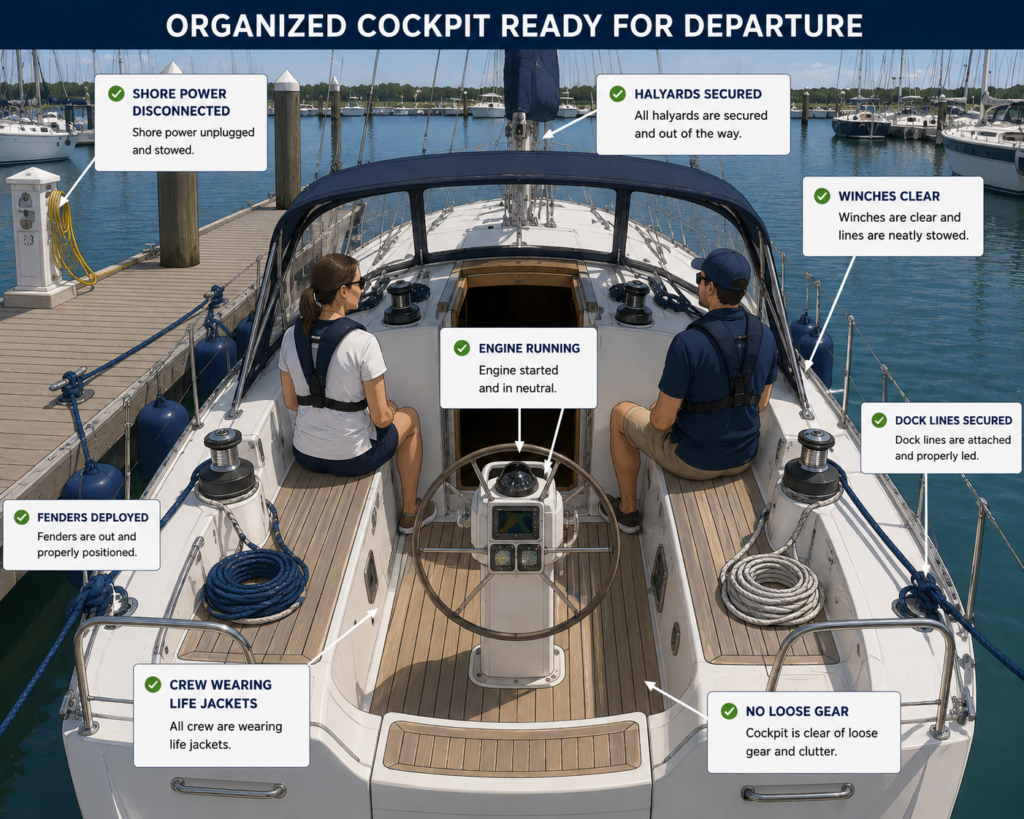 Instructional cockpit view showing a sailboat prepared for departure with dock lines secured to the dock, fenders deployed over the side, engine running, halyards secured, winches clear, crew wearing life jackets, and no loose gear.