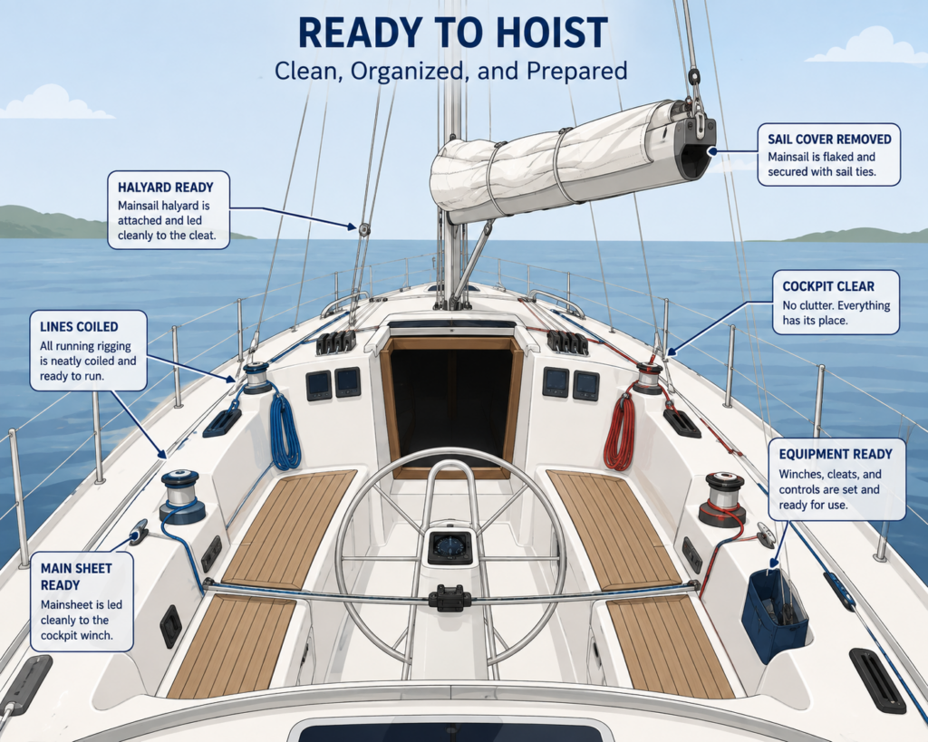 Vector diagram of a clean, organized sailboat cockpit with the mainsail prepared on the boom, sail cover removed, halyard attached, lines neatly coiled, and equipment ready for hoisting.