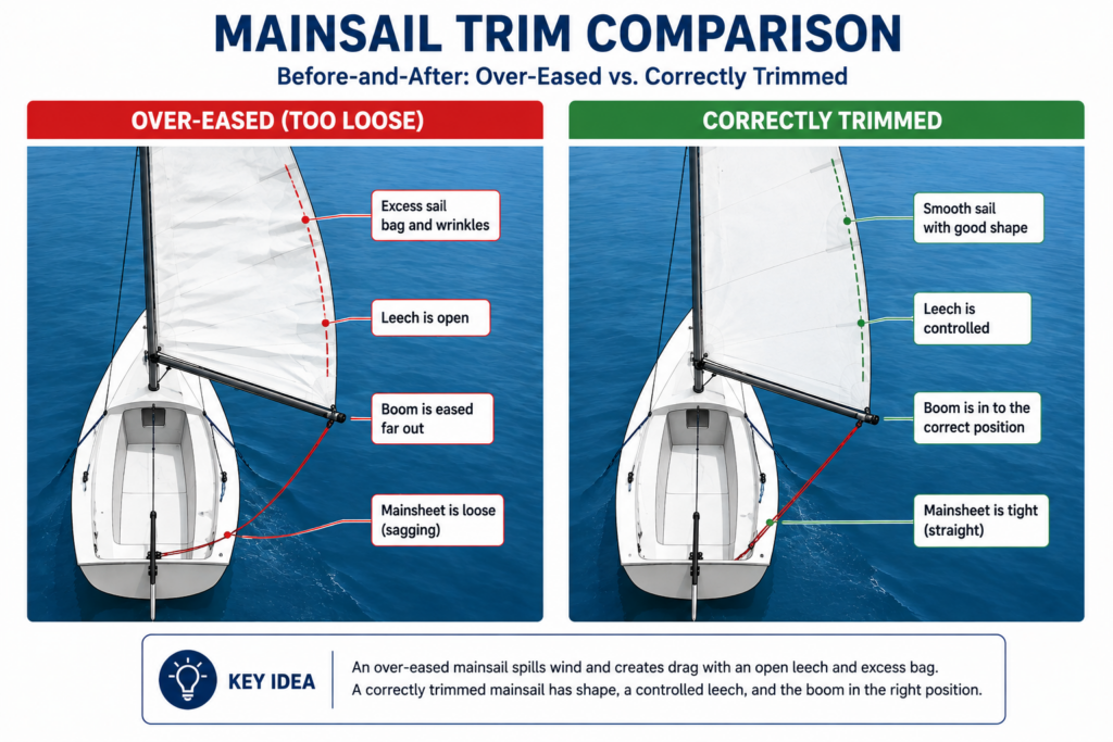 Side-by-side comparison of an over-eased mainsail and a correctly trimmed mainsail on a sailboat. The diagram highlights sail shape, boom position, leech tension, and mainsheet tension to show the differences between poor and proper mainsail trim.