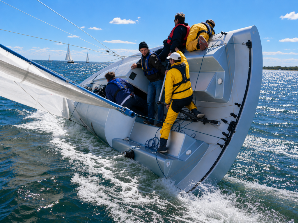 Sailboat heeling excessively in strong wind with crew wearing lifejackets