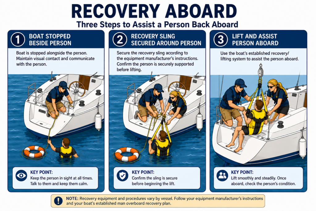 Three-step diagram showing a sailboat crew stopping beside a person overboard, securing a recovery sling, and assisting the person aboard.