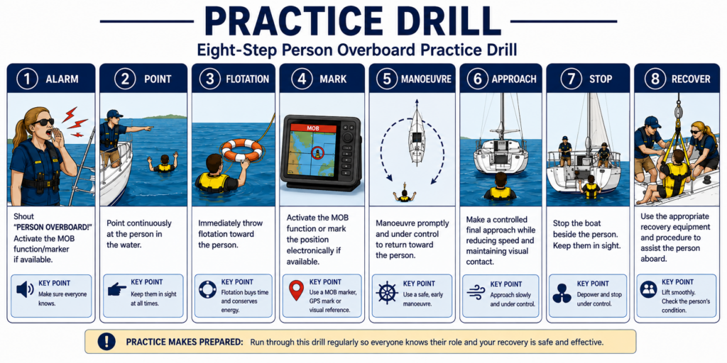 Eight-step person overboard recovery practice drill showing alarm, point, flotation, mark, manoeuvre, approach, stop, and recover.