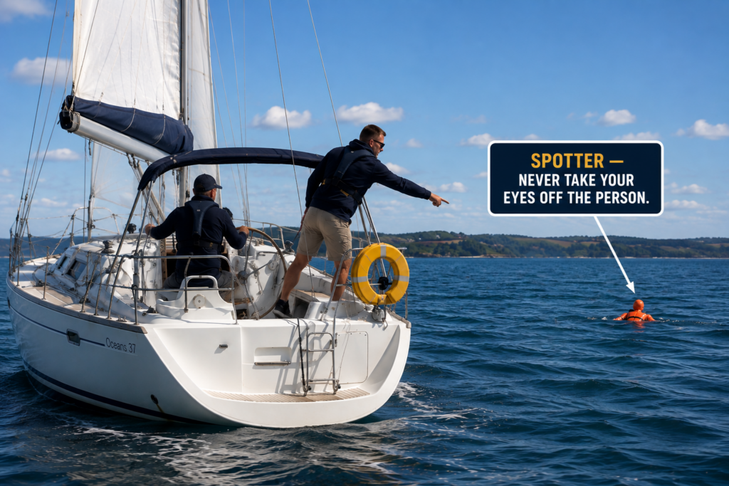 Crew member pointing continuously at a person overboard training dummy while another sailor controls the sailboat.