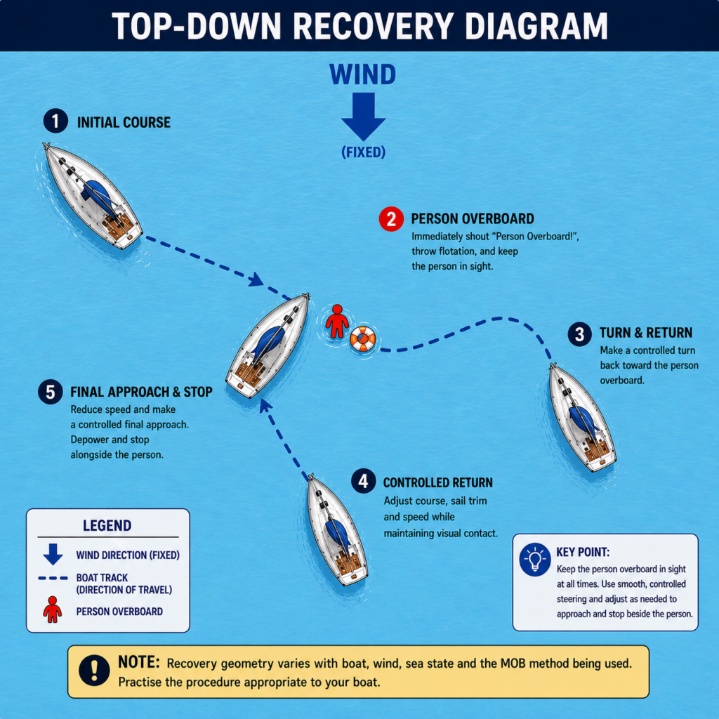 Top-down diagram showing a sailboat turning back and making a controlled approach to a person overboard.